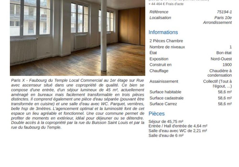 Paris X - Cour Bretagne - Local commercial / Habitation